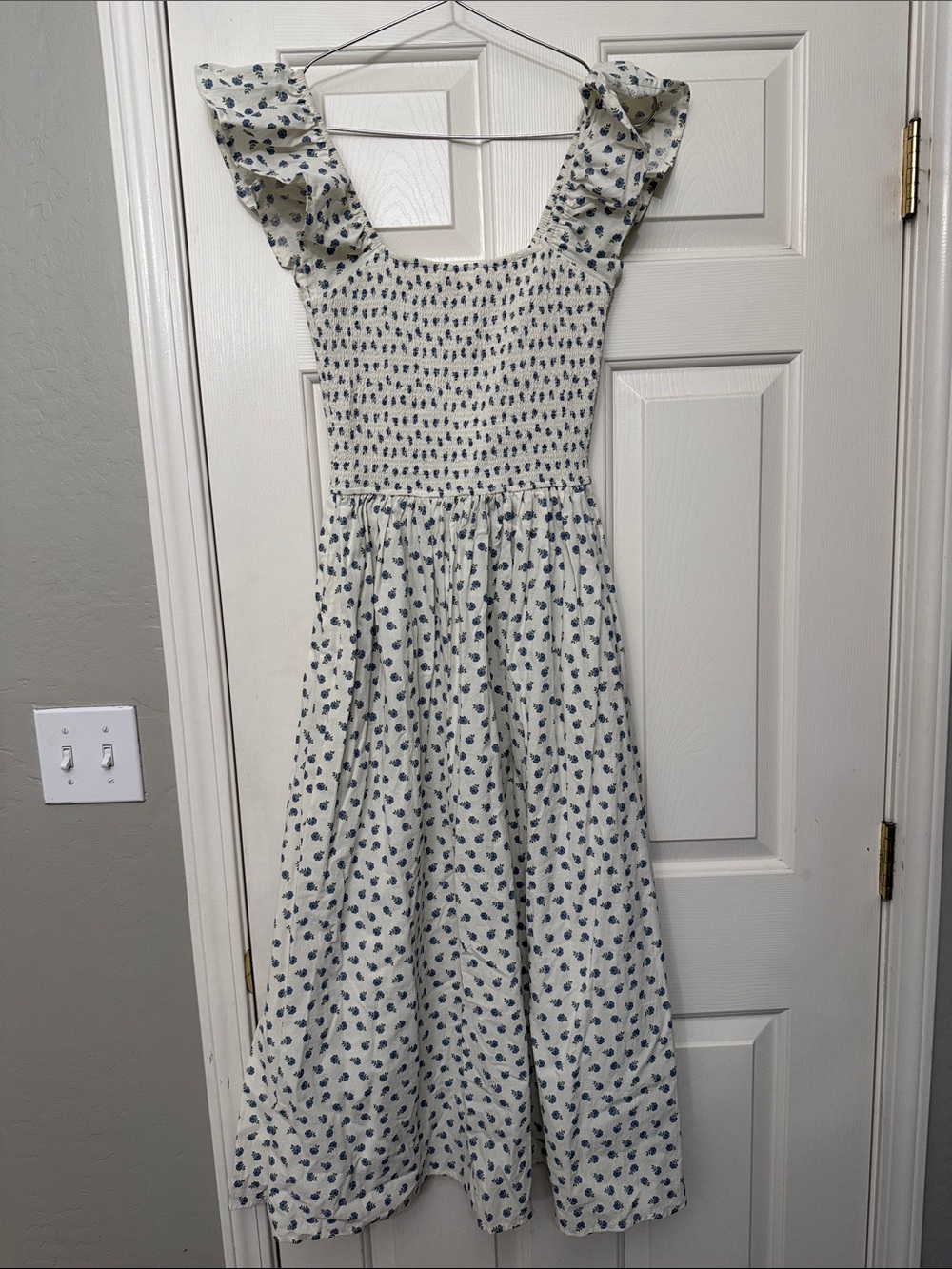 Girls Cream Sundress with Blue Floral Print and Ruffle Straps